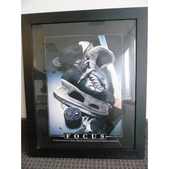 Focus Ice Hockey Inspirational Motivation Poster Ice Skates Hockey Puck Framed